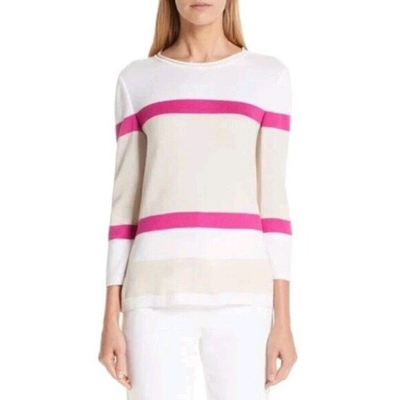 St John Sweater Women Small Cream Pink Stripe Wool Knit - Picture 1 of 6